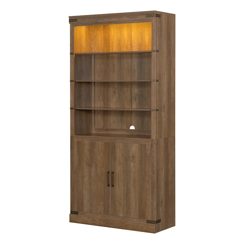 83.4" Tall Bookshelf with Doors, Farmhouse Bookcase with 3-Tier Adjustable Shelves, Display Storage Cabinet with LED Light