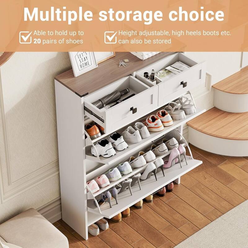 Modern Slim Shoe Cabinet with 2 Flip Drawers and 2 Drawers