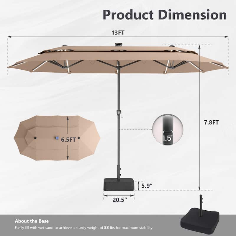 MAISON ARTS 13ft Double-Sided Outdoor Umbrella, 2-Tier Vented Market Umbrella with Colored Lights and Base