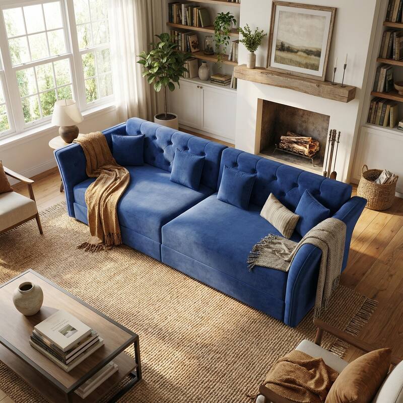 Homy Casa 100"/74" Oversize 4-Seater Convertible Pull Out Sofa Bed with Flower Tufted Velvet