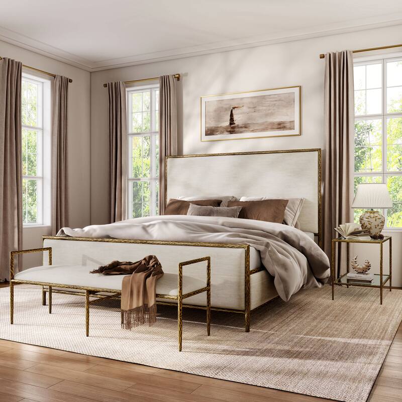 247 Shop At Home Lalia Modern 3-Piece Upholstered Hammered Metal Panel Bedroom Set with Nightstand and Bench - Matte Gold - King