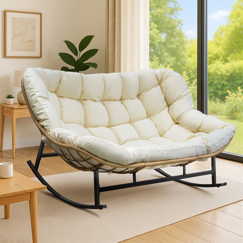FINCATI Oversized Double Rocking Chair Outdoor Indoor, 40" D x 58" W Double Papasan Rocking Chair with Padded Cushion