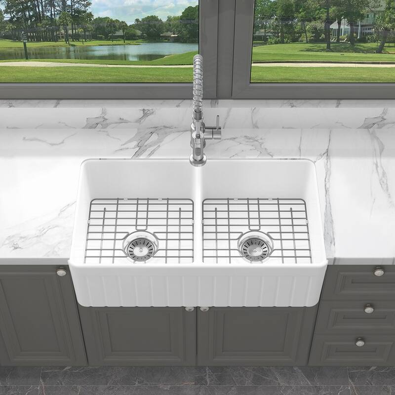 Sinber 33 Inch Drop in Double Bowl Kitchen Sink with Fireclay White Finish 2 Accessories - White