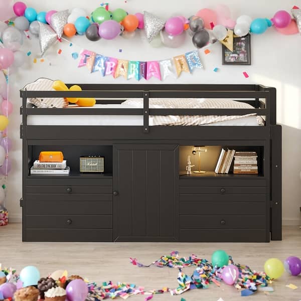 slide 2 of 42, Twin Size Elegant Loft Bed With 4 Drawers,Underneath Cabinet and Shelves,Sturdy Frame Espresso