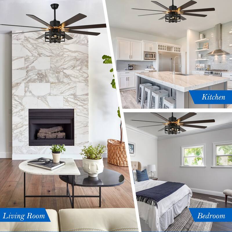 65" Large Wood Blade Ceiling Fan, 8 Blades and 3 Lights, Quiet DC Motor with Remote for Living Room