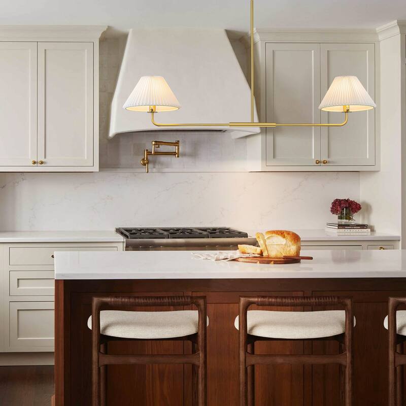 2-Light Modern Gold & Black Linear Pleated Fabric Pendant Kitchen Island Light