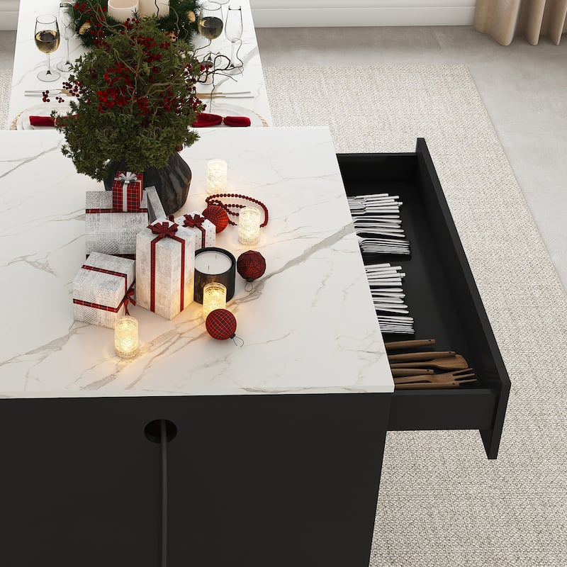 80" Expandable Kitchen Island with Dining Table with Marble-Grain Countertop with Power Outlet