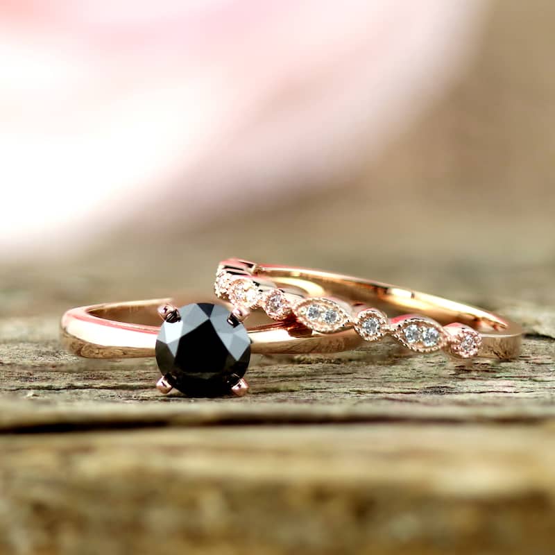 Auriya 14k Gold 1 1/6ctw Vintage Solitaire Black Diamond Engagement Ring Set