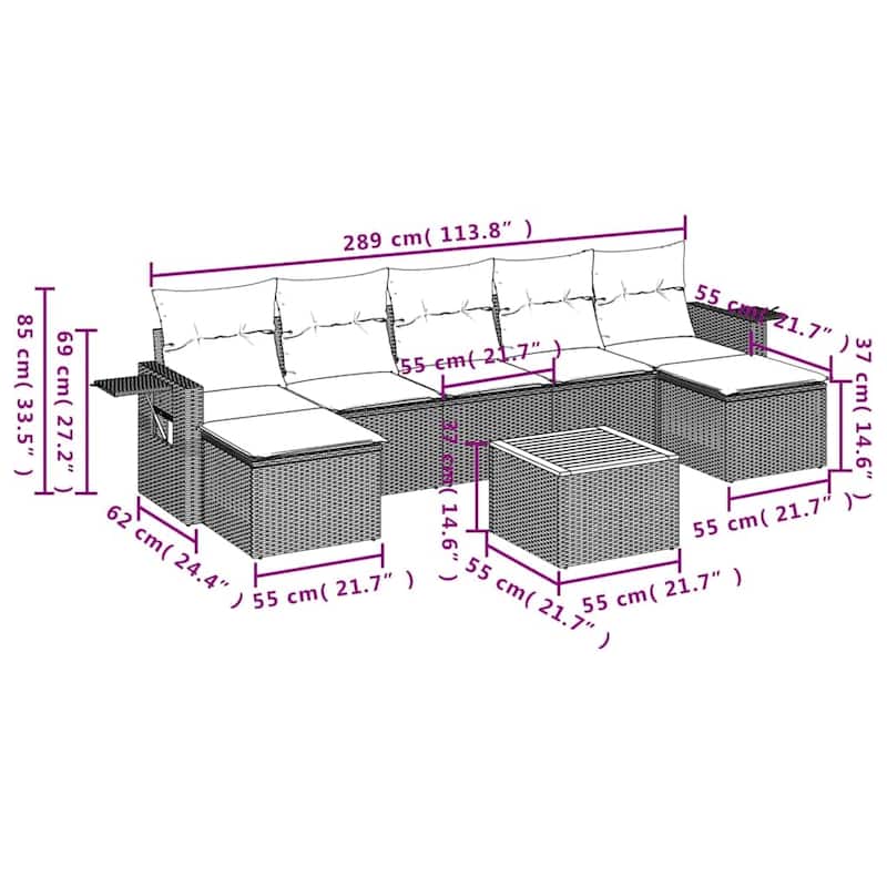 vidaXL 8 Piece Patio Sofa Set with Cushions Black Poly Rattan - 21.7" x 24.4" x 27.2"