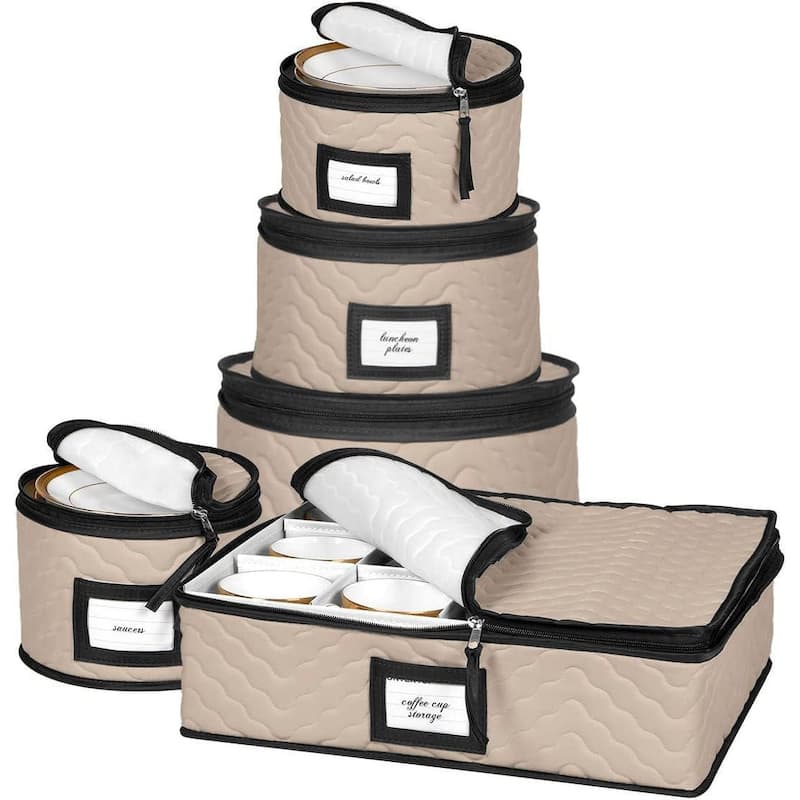 Dinnerware Storage Organizer 5-Piece Set for Fine China, Plates, Saucers, Bowls, Tableware Cups & More. - Brown