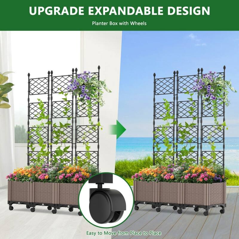63"H Planter Box Raised Garden Bed With Trellis & Wheels, Vertical