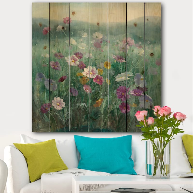 Designart 'Flower field' Floral Farmhouse Print on Natural Pine Wood - Blue