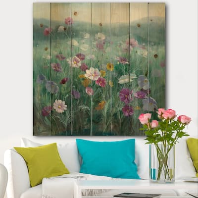 Designart 'Flower field' Floral Farmhouse Print on Natural Pine Wood - Blue
