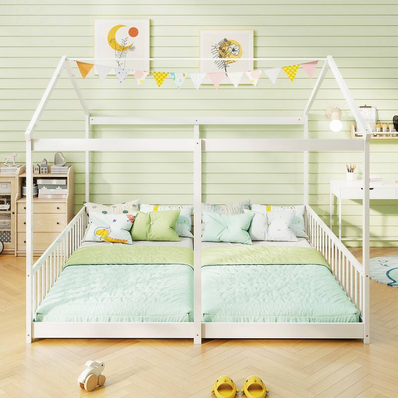 Gymax Double Floor Bed w/ Safety Guardrails No Box Spring Needed for