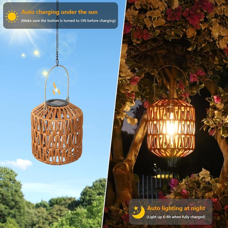 2 Pack Solar Lanterns Outdoor Waterproof, Rattan Solar Lights for Yard, Outdoor Garden Lights, Hanging Lanterns - Brown