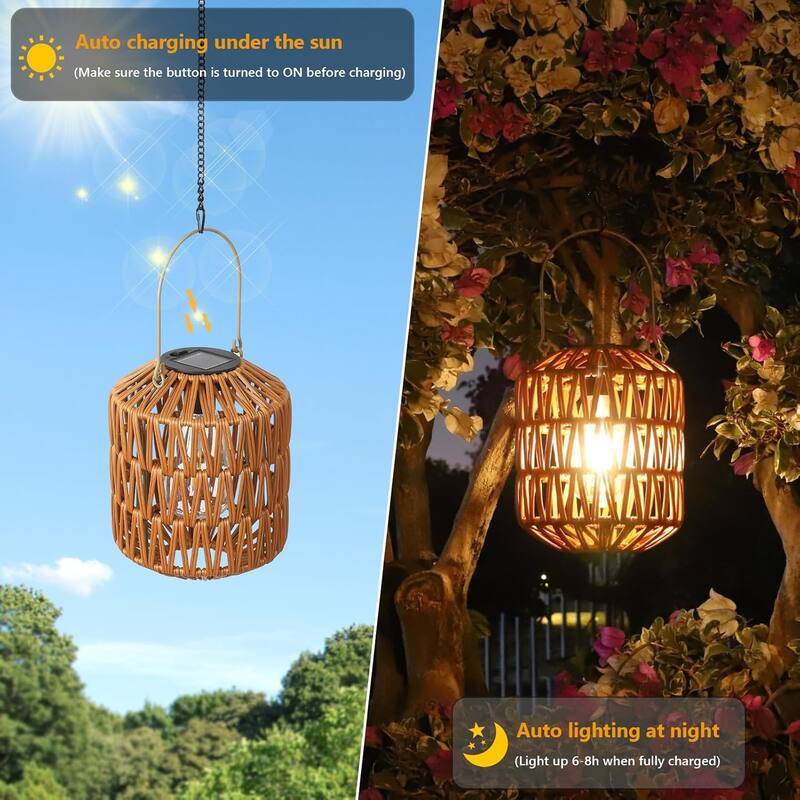Rossetta 2-Pack Outdoor Rattan Metal Frame Hanging Decorative Solar Lanterns