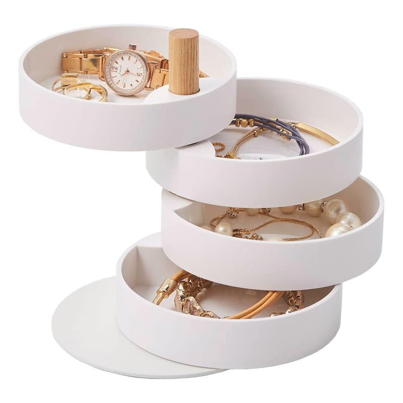 Yamazaki Home Open Top Stacked Jewelry Organizer - Two Sizes, Plastic and Wood, Small - L 3.94 x W 3.94 x H 4.8 inches