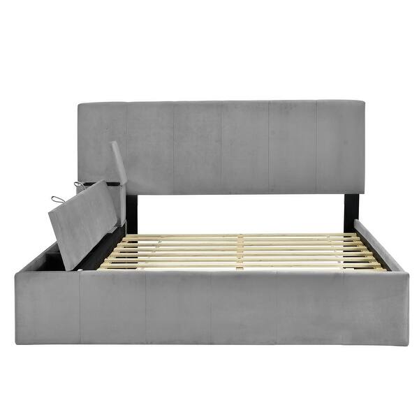 slide 2 of 36, Full Velvet Platform Bed with Cup Holders and Storage Gray - Full