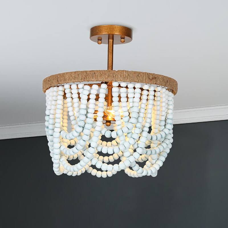 Renia 14.5'' Beaded Wood 3-light Semi-flush Mount Gold Draped Ceiling Lights with Hemp Rope Bedroom Hallway Foyer
