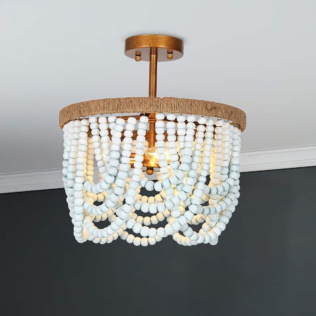 Renia 14.5'' Beaded Wood 3-light Semi-flush Mount Gold Draped Ceiling Lights with Hemp Rope Bedroom Hallway Foyer