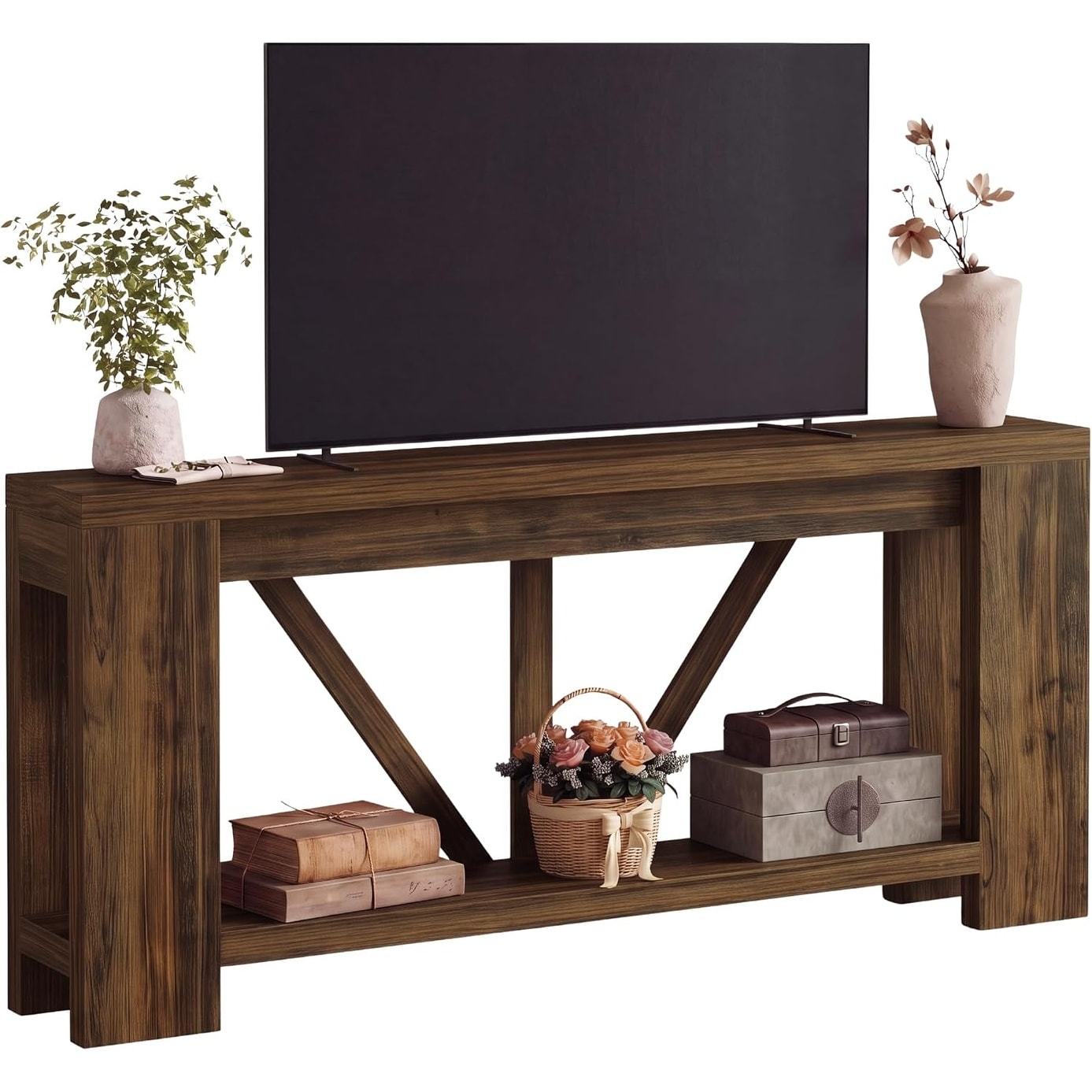 70.9" Long TV Stand for 65/ 75 Inch TV, 2-Tier Farmhouse Tall Entertainment Center Media Console with Storage