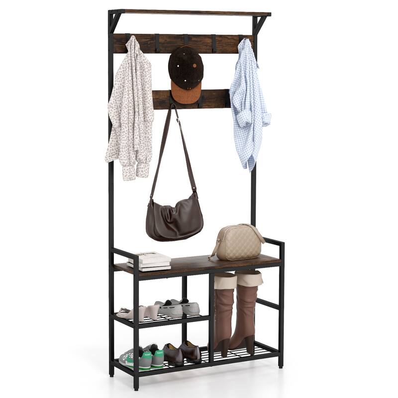 Costway 3-in-1 Coat Rack Industrial Hall Tree Shoe Bench Entryway - See Details - Rustic Brown - See Details