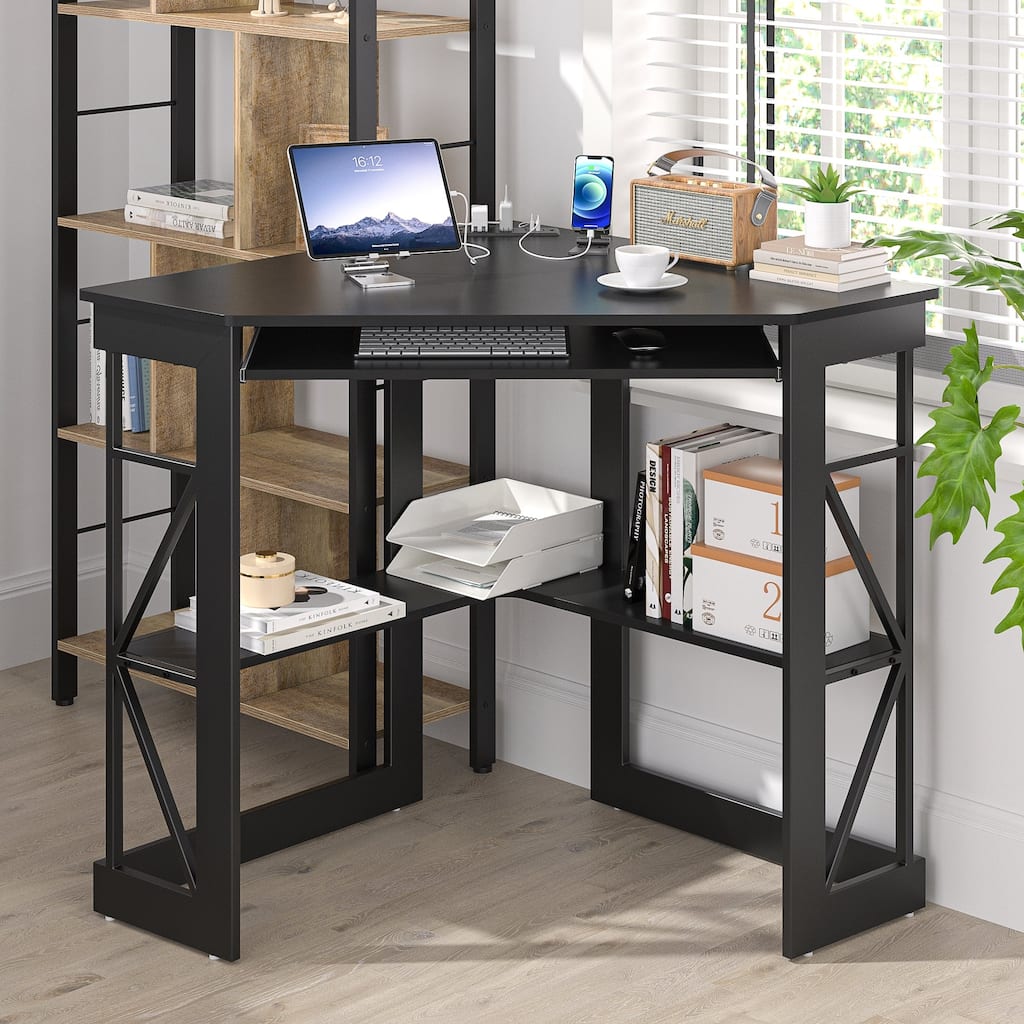 Corner Desk Small Desk with Outlets Corner Table for Small Space Computer Desk with USB Ports Triangle Desk with Storage