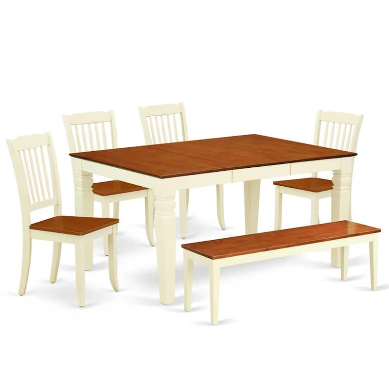 Beachy Boho Dining Set - 6Pc Rectangular Table & 4 Chairs Plus Bench - 42/60 Inch