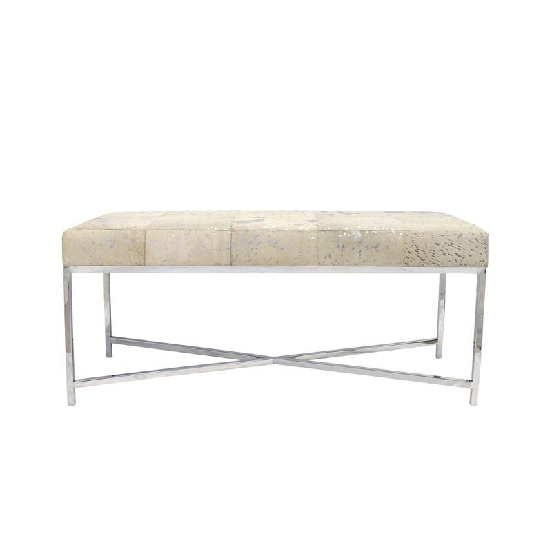 Pasargad Home Safari Cowhide with St. Steel Legs Bench, Silver