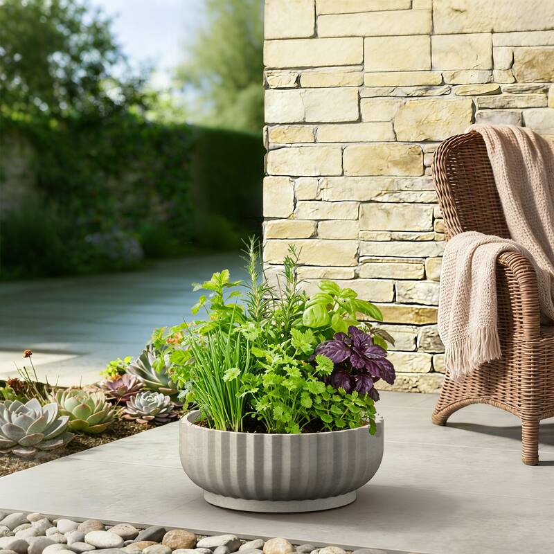 Concrete Round Planter / Pot Ribbed Design Planter Bowl