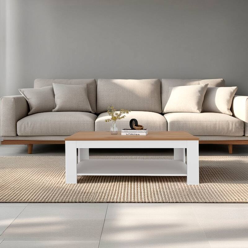 Modern Coffee Table with Shelf Two Tone Finish Compact Living Room Design - White+Natural