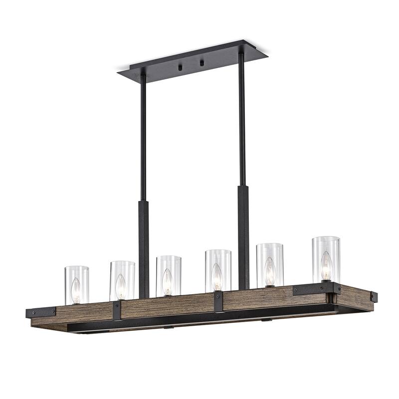 Rudi Forged Black+Imitation Wood Grain 6-Light Linear Chandelier with Clear Glass Cylinder Shades
