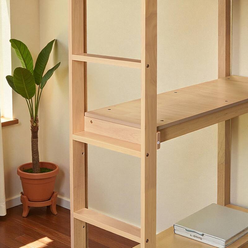 Twin Size Wooden High Loft Bed with Built-in Desk and Ladder, Solid Rubber Wood Loft Bed with Safety Guardrails
