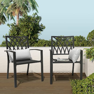 Outdoor 2-Piece Black Patio Chair Set, Powder-coated Iron, Lattice Pattern
