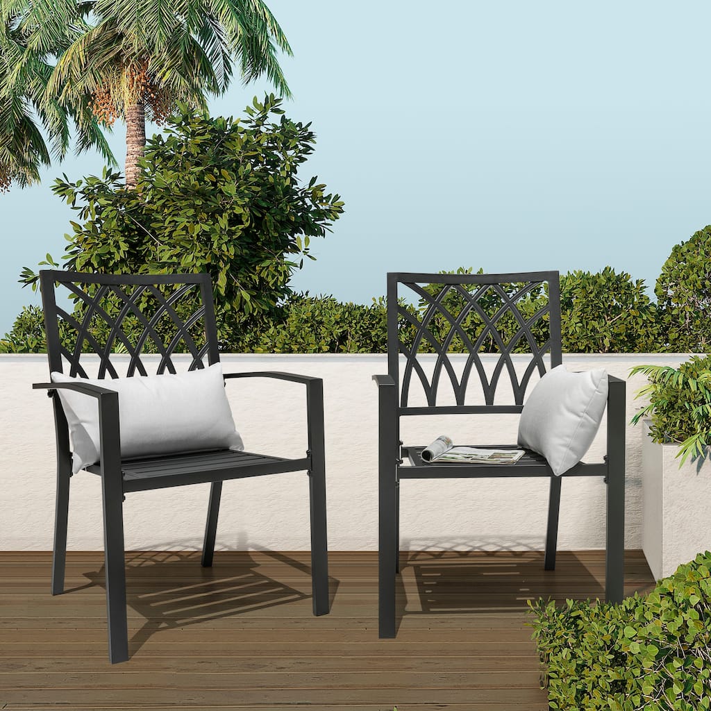 Outdoor 2-Piece Black Patio Chair Set, Powder-coated Iron, Lattice Pattern