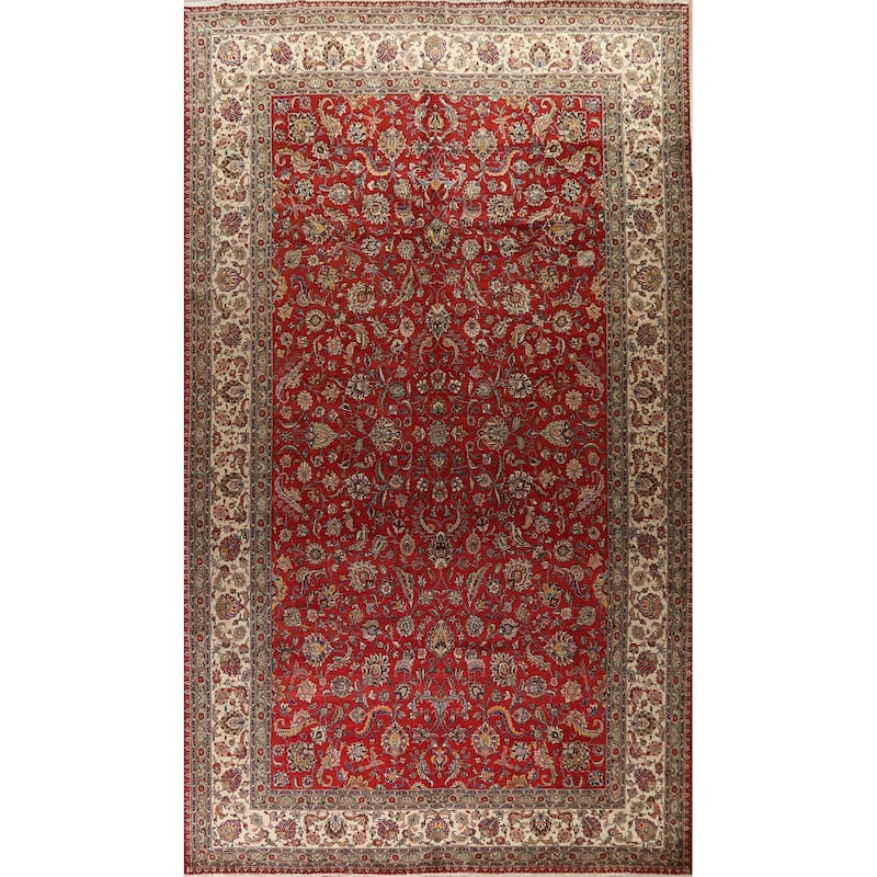 Hand Knotted Oriental 100% Wool Carpet Traditional All-Over Red Tabriz Area Rug - 16' 7'' X 10' 11''