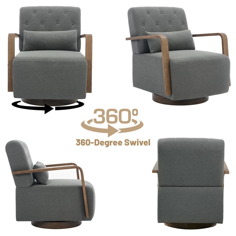 Solid Wood Swivel Accent Chair with Armrests and Lumbar Pillow - 360° Rotation