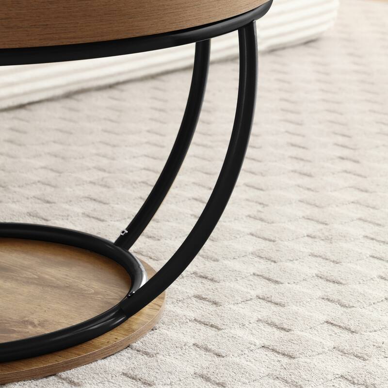 31" Round Industrial Coffee Table with 2-Tier Storage Shelves, Modern Wood & Black Metal Accent Center Table