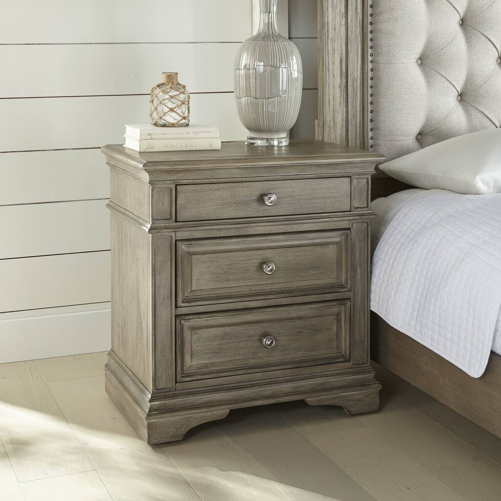 Highland Park Nightstand, Bedside Decorative Table with Nickle Hardware and 3-Drawer, Sofa Side Table with USB Port
