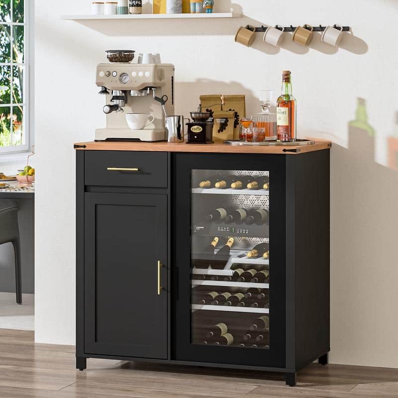 BOSSIN 53.23" Wine Bar Cabinet with Charging Station, Fluted Design, Fits 20" Wine Fridge, Adjustable Shelves for Kitchen - 39inch - Black
