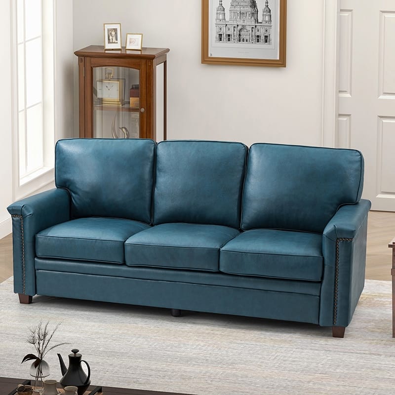 Rita Transitional Living Room 3-Seat Genuine Leather Nailhead Sofa with Solid Wood Legs and Removable Cushions