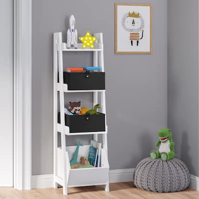 RiverRidge Kids 4-Tier 13in Ladder Shelf Toy Organizer with 3 Open Display Shelves - White with Two 5" Fabric Bins