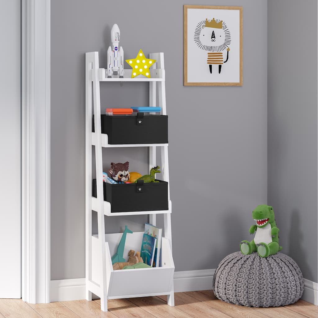 RiverRidge Kids 4-Tier 13in Ladder Shelf Toy Organizer with 3 Open Display Shelves - White with Two 5" Fabric Bins