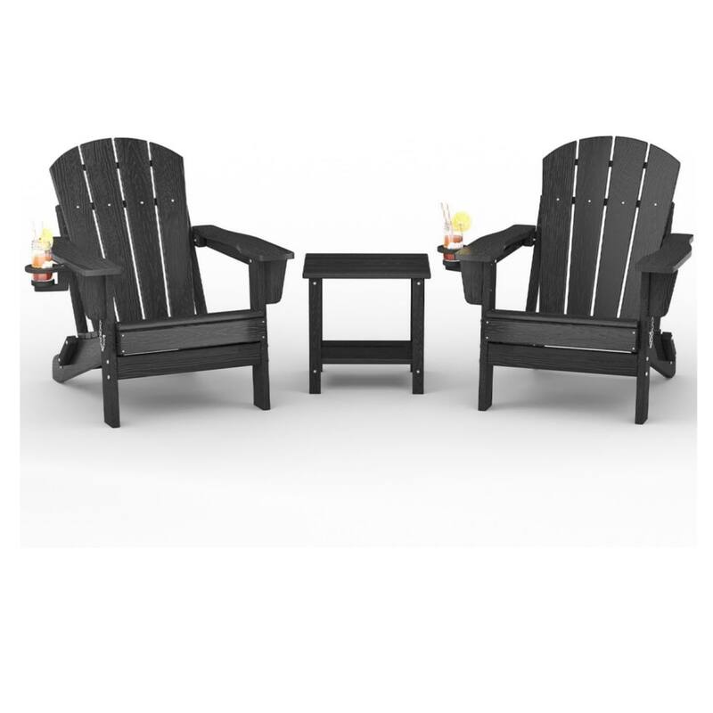 Adirondack Chair Set of 2 with Side Table All-Weather HDPE Wood-Look Texture Cup Holders - Black