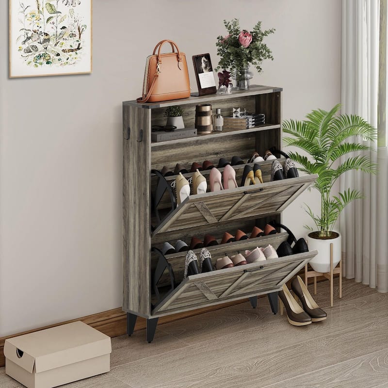 Slim Entryway Shoe Cabinet with 2 Flip Drawers - Gray