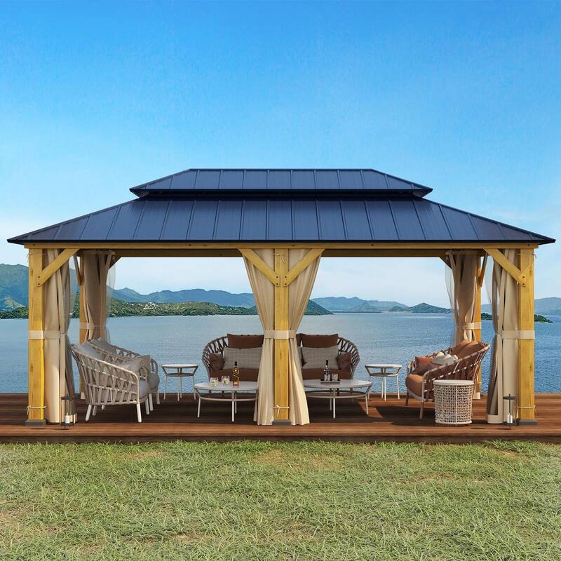Hardtop Wood Gazebo for Patio, Outdoor Cedar/Spruce Pergola with Metal or Asphalt Roof, All-Weather Backyard Shelter