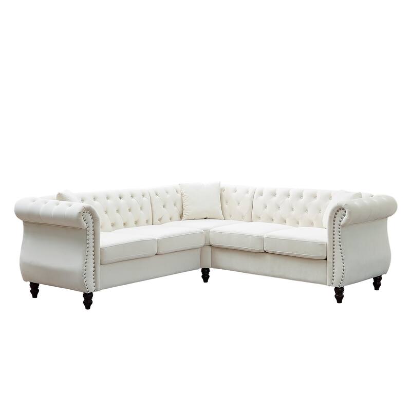 L-shape Corner Sectional Sofa with Button Tufted Back and 3 Pillows