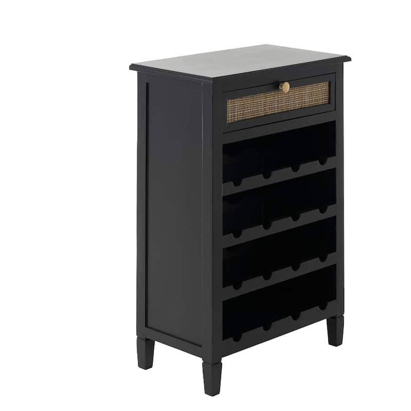 Black Wooden Handmade 12 Bottle 1 Drawer Standing Wine Rack with Rattan Front