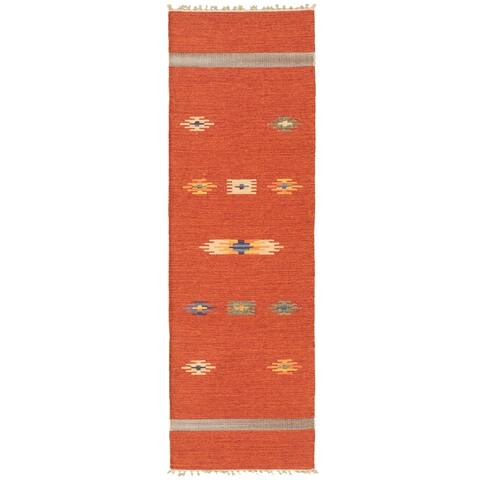 ECARPETGALLERY Flat-weave Bold and Colorful Red Wool Kilim - 2'0 x 6'8