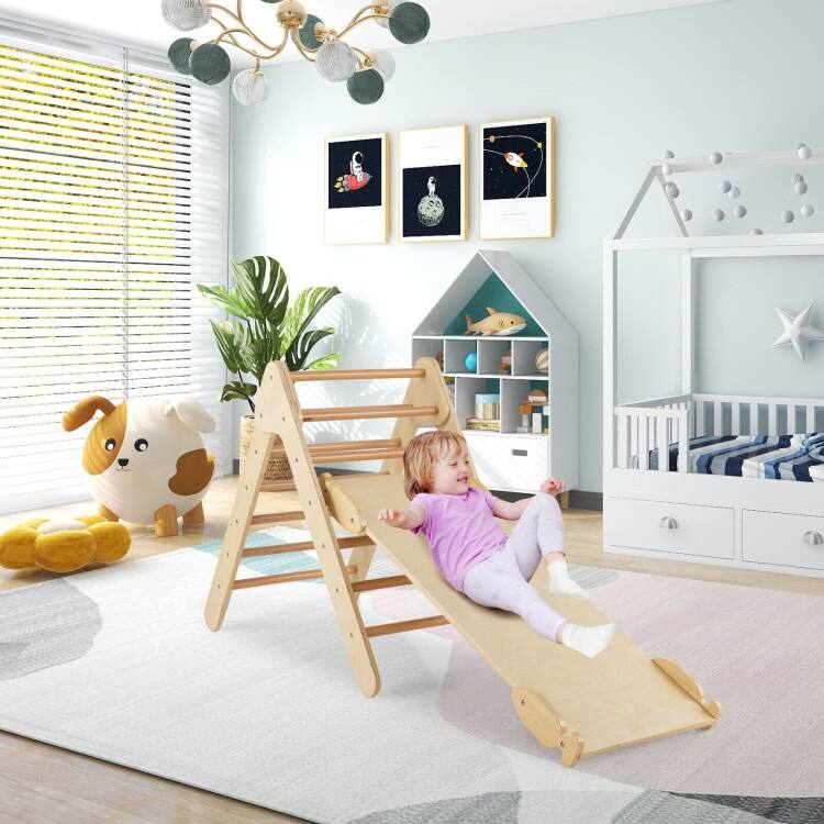 3-in-1 Wooden Climbing Triangle Set Triangle Climber with Ramp - 34" x 19" x 29" (L x W x H)